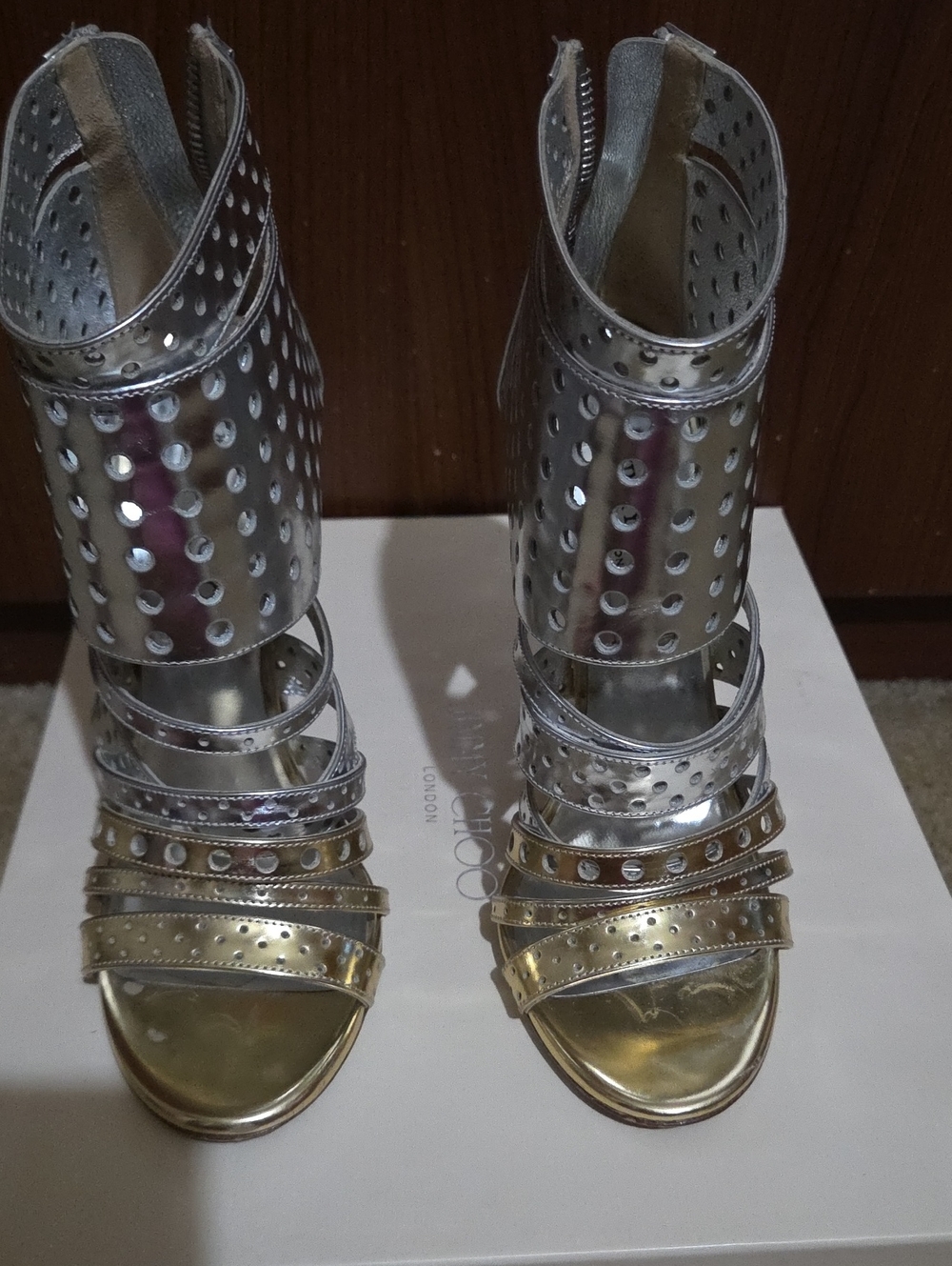 Jimmy Choo Silver and Gold Perforated Strappy High Heels